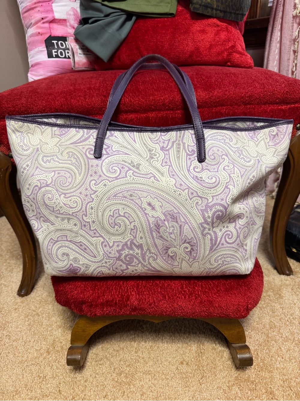 Etro Paisley Canvas Tote Bag with Purple Trim